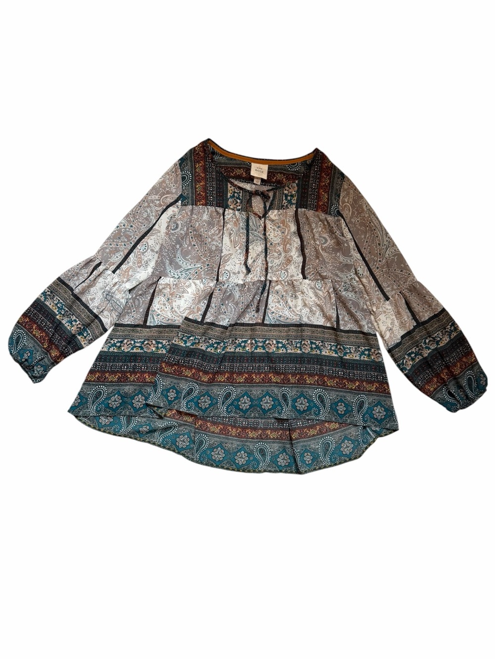 Knox Rose Teal and Cream Paisley print boho Tunic blouse - Picture 3 of 17